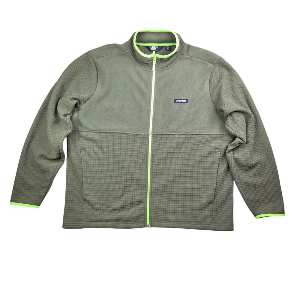 Lands' End Men's XL Full Zip Brushed Grid Fleece Jacket Olive Green Neon Lime